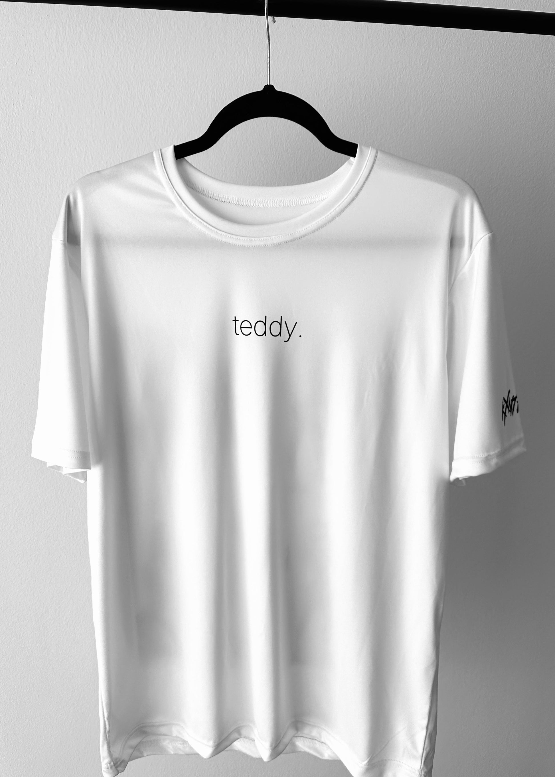 White t-shirt with 'teddy' text on a hanger against a gray background
