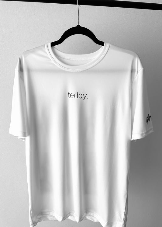 White t-shirt with 'teddy' text on a hanger against a gray background